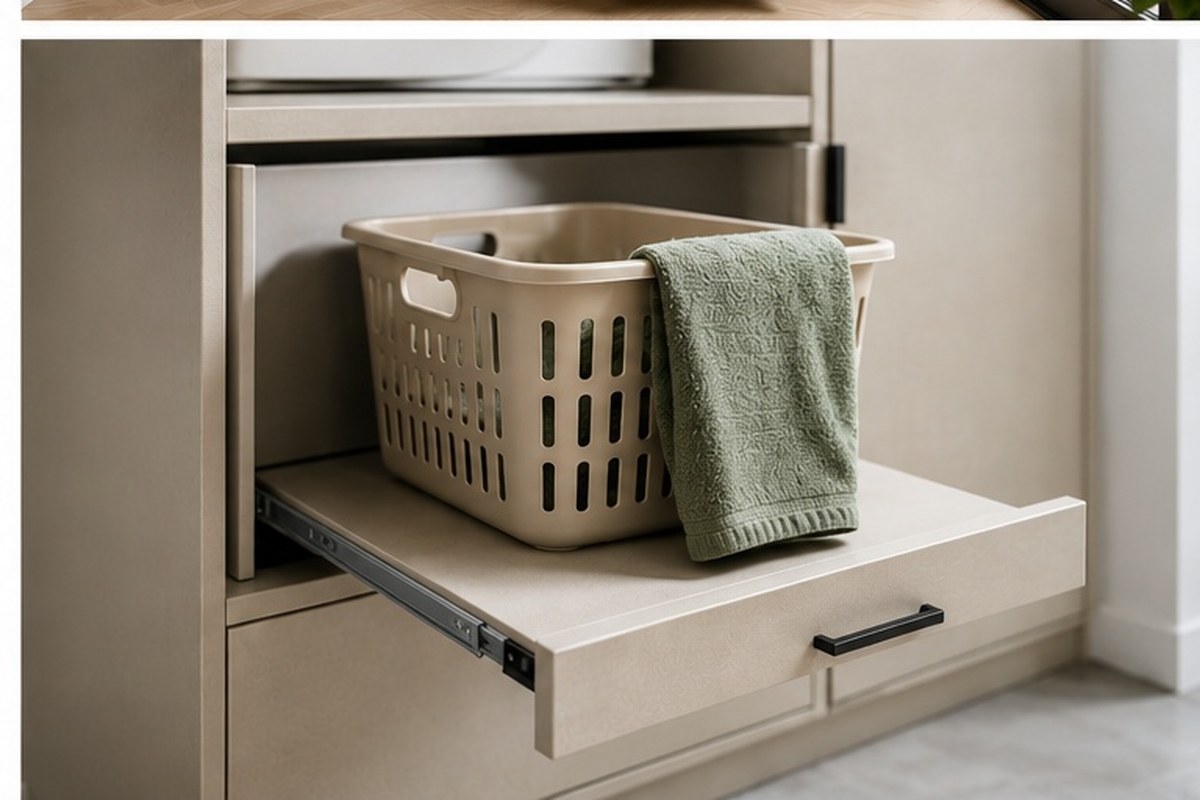 Uittrekplateau in een waskast op maat met wasmand