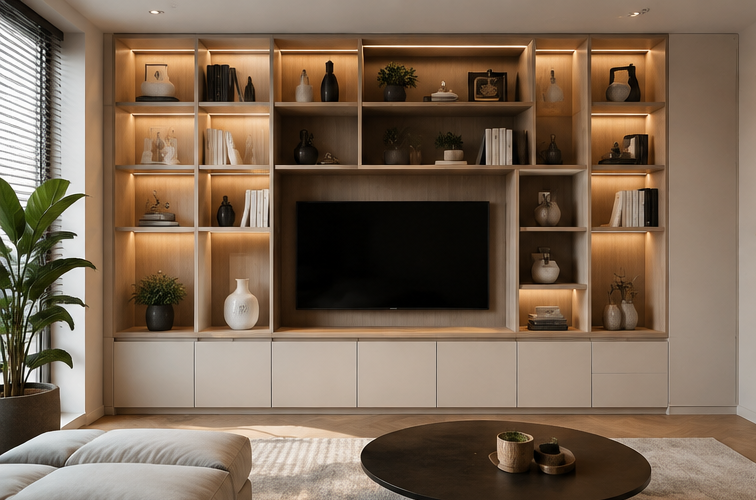 Witte wandkast op maat met open vakken en TV-nis in een lichte woonkamer