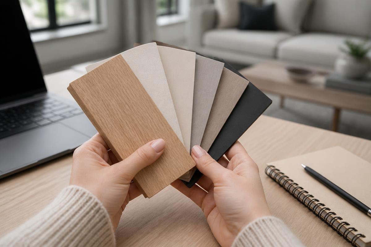 Kleur- en materiaalstalen van Maatkastdeal.nl in warme hout- en neutrale tinten