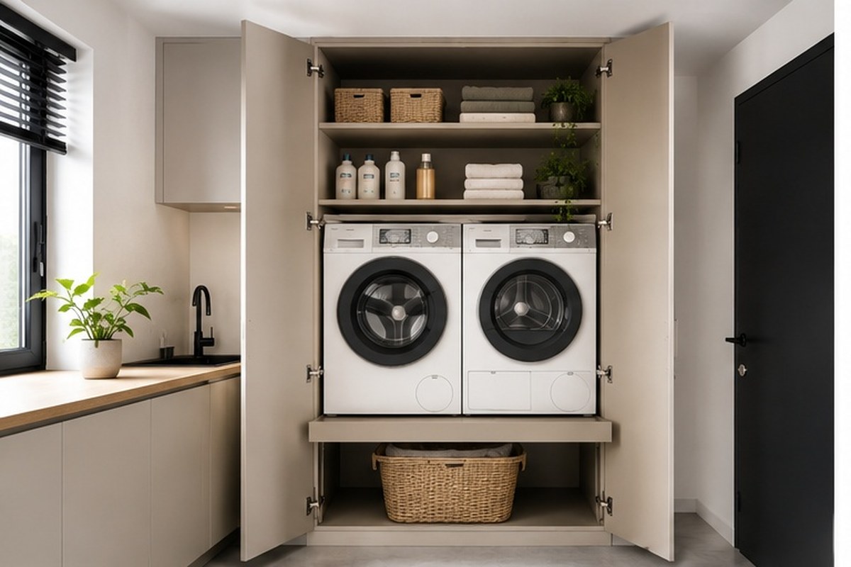 Waskast op maat met wasmachine en droger naast elkaar