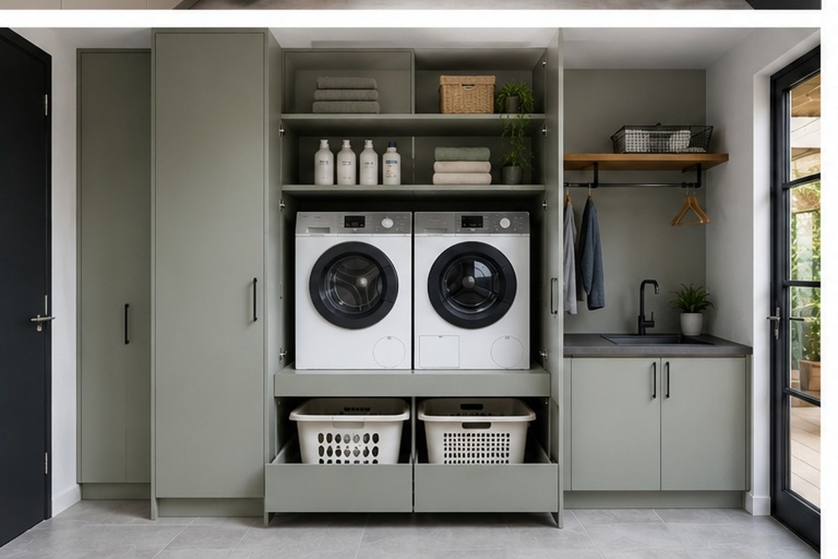 Waskast op maat met wasmachines naast elkaar en wasmanden onderin