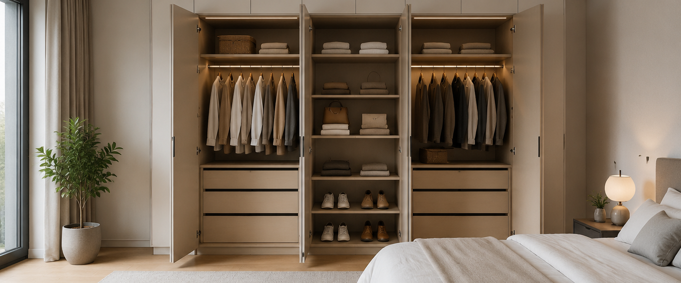 Kledingkast op maat met open deuren, hangruimte, legplanken en lades in een lichte slaapkamer