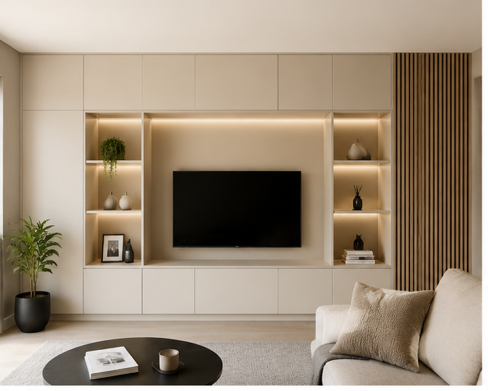 Wandkast op maat met geïntegreerd tv-meubel, verlichte open vakken en greeploze bovenkasten in een lichte woonkamer