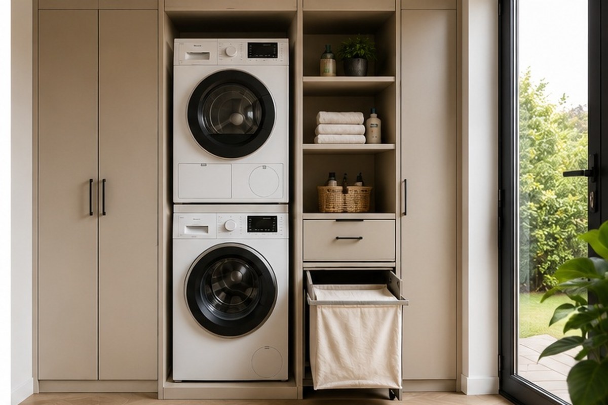 Waskast op maat met gestapelde wasmachine en droger