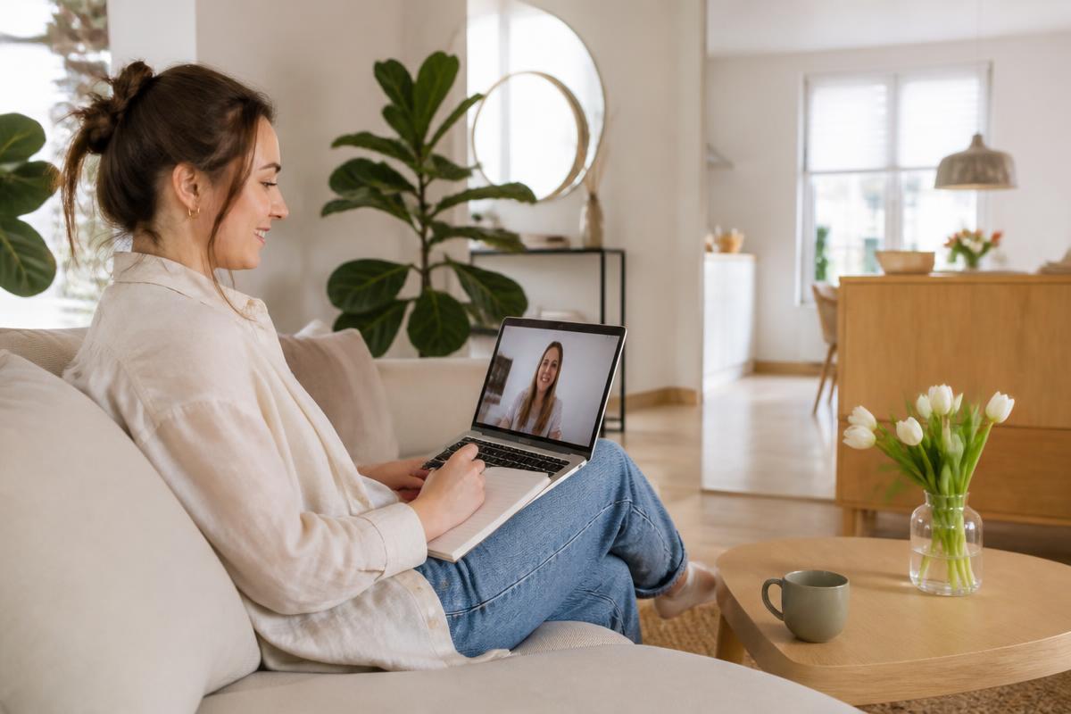 Klant heeft een videocall met een adviseur van Maatkastdeal.nl vanuit huis