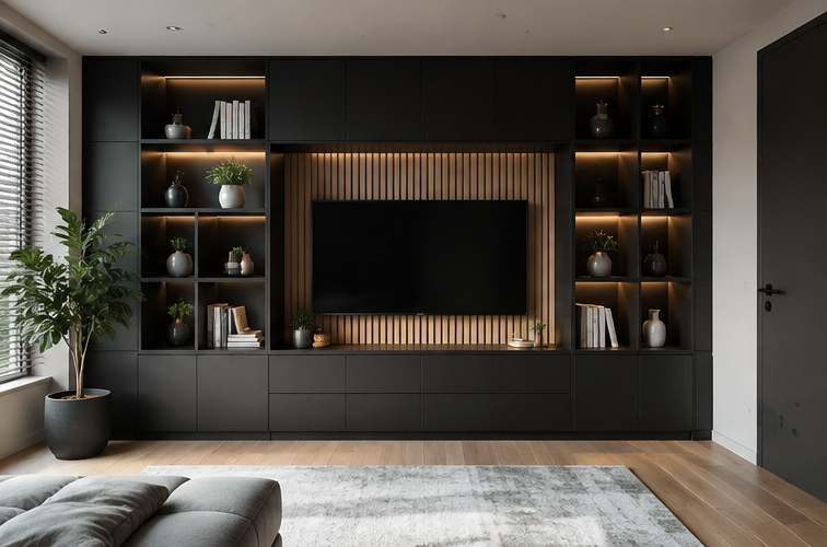 Donkere wandkast op maat als blikvanger in de woonkamer met houten lamellen achter de tv en verlichte open vakken