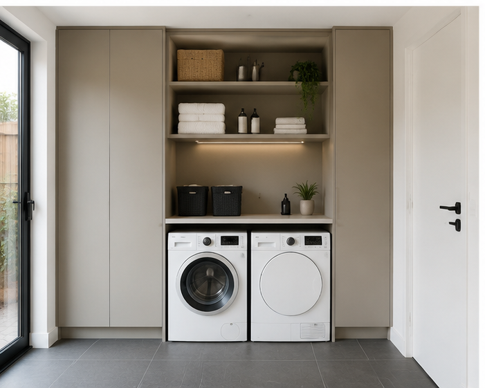 Waskast op maat in een bijkeuken met ingebouwde wasmachine en droger, werkblad, open legplanken en verlichting