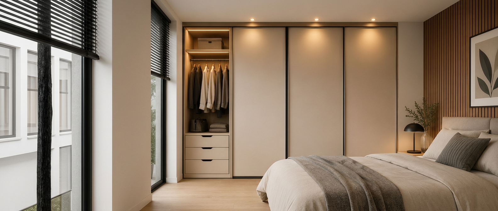 Kledingkast op maat met schuifdeuren en ledverlichting tot aan het plafond in een moderne beige slaapkamer, geleverd door Maatkastdeal.nl