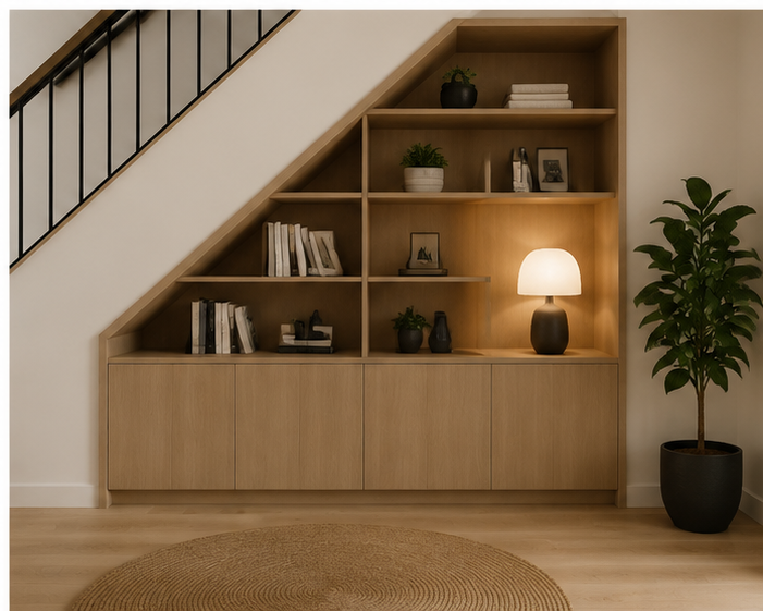 Maatkast onder een schuin dak naast de trap met open vakken, boeken, decoratie en gesloten onderkasten