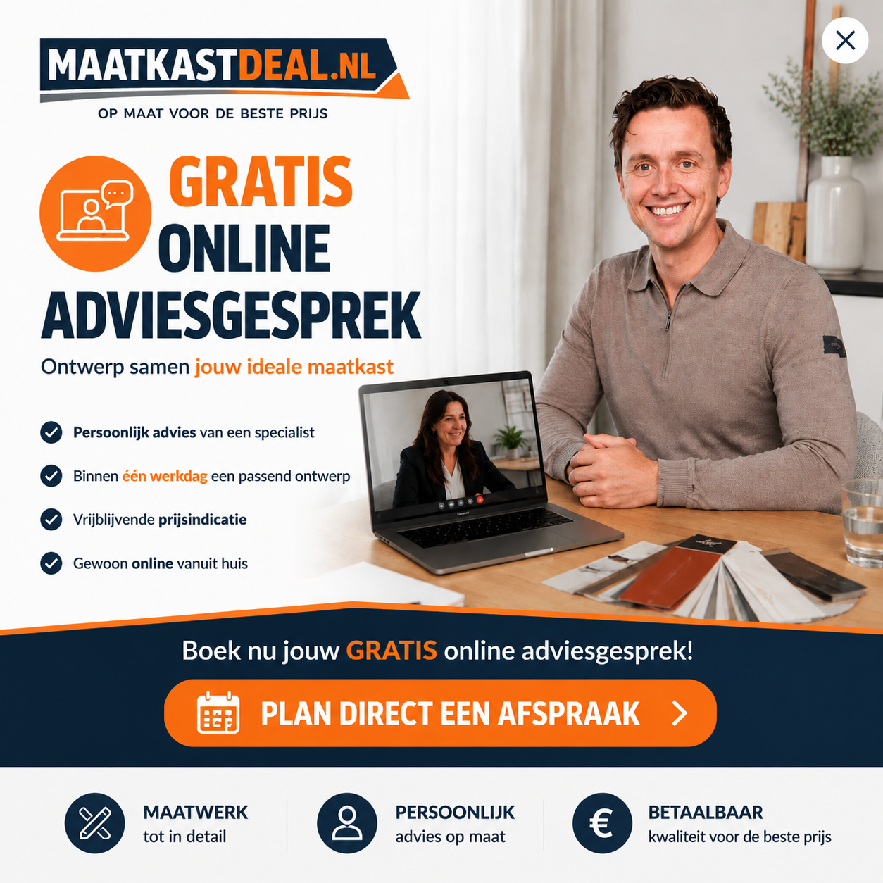 Banner voor een gratis online adviesgesprek van Maatkastdeal.nl: adviseur in videogesprek met kleurstalen op tafel — plan direct een afspraak