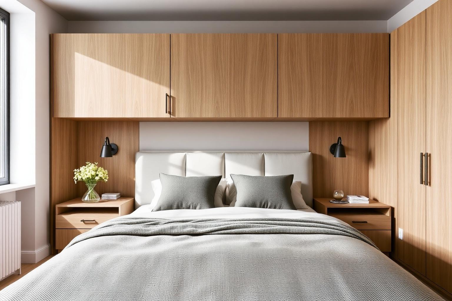 Bedombouwkast op maat met zijkasten en bovenkast rondom een tweepersoonsbed in een lichte slaapkamer