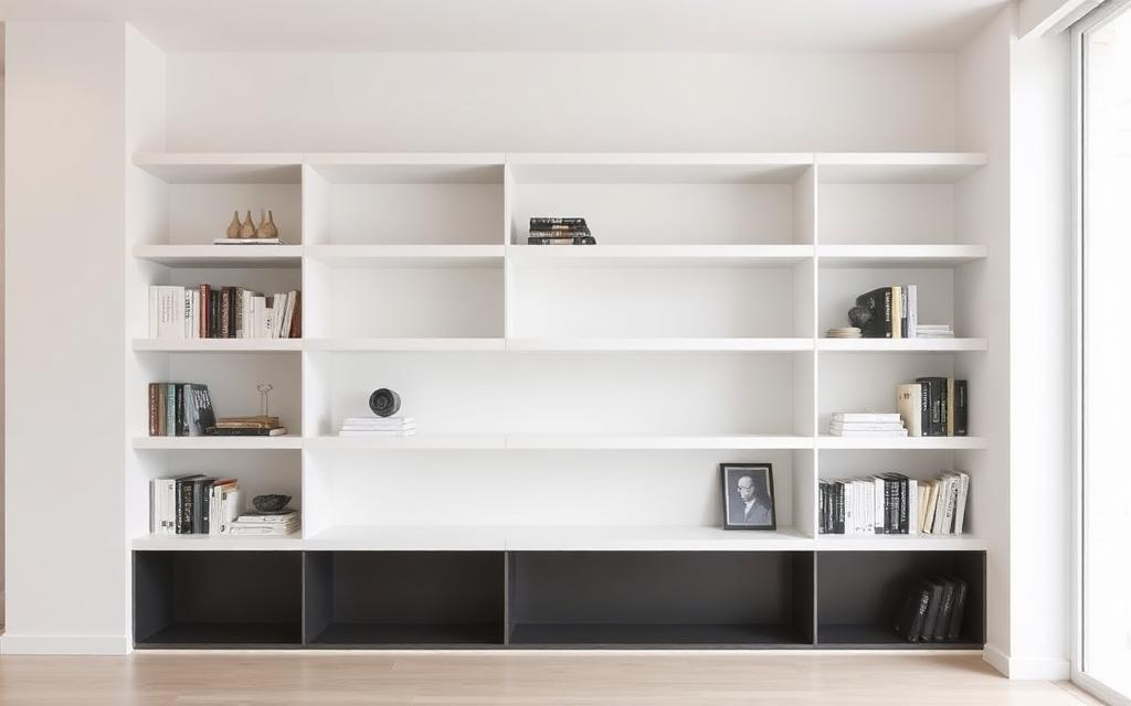 Boekenkast op maat met open vakken vol boeken en decoratie tegen een wand
