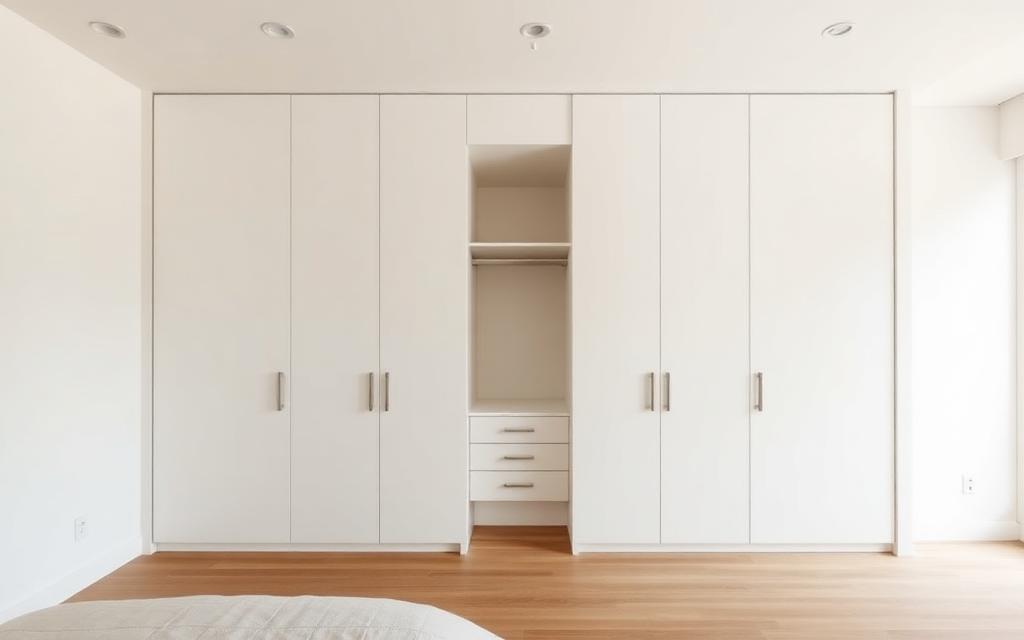 Kledingkast op maat met hangroede, legplanken en lades in een lichte slaapkamer