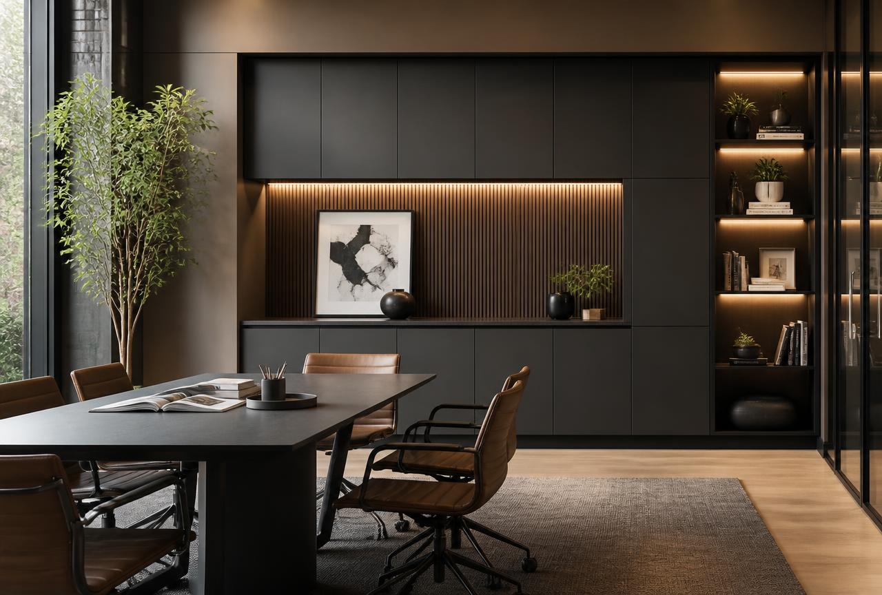 Bedrijfsinterieur met strak zwart maatwerk kastenwand en vergadertafel in een kantoor