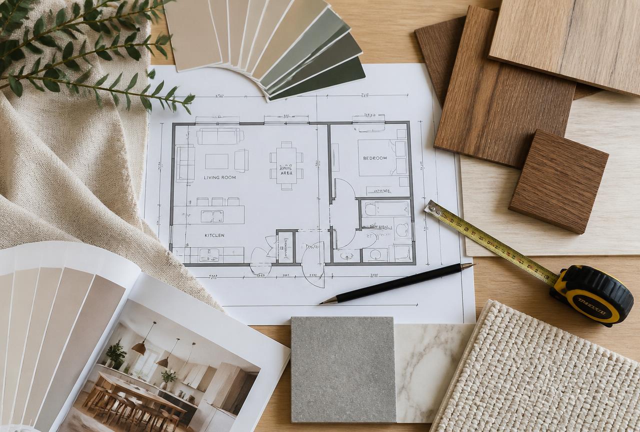 Kleurstalen, houtdecors en een plattegrond op tafel tijdens het interieurontwerp