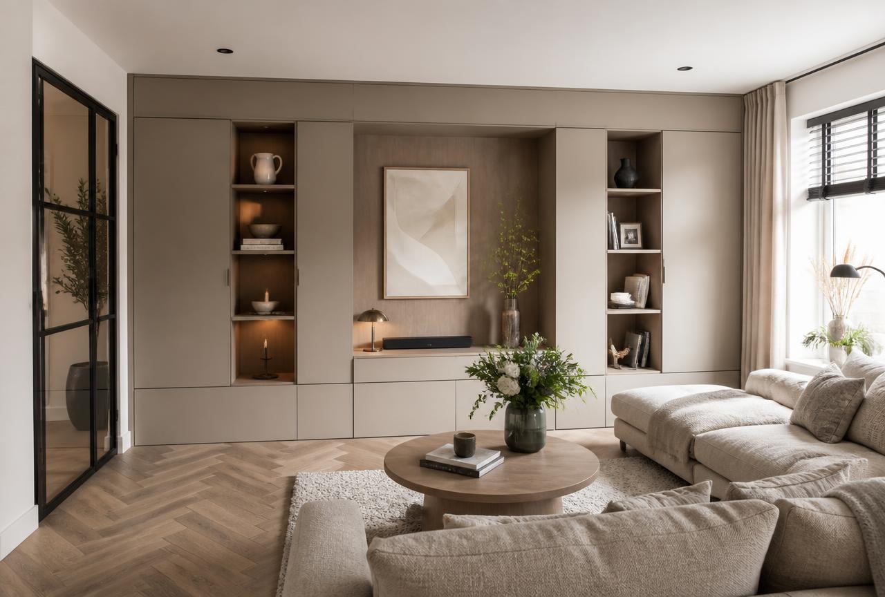 Interieur design woonkamer met wandkast op maat in warme taupe tinten en visgraatvloer