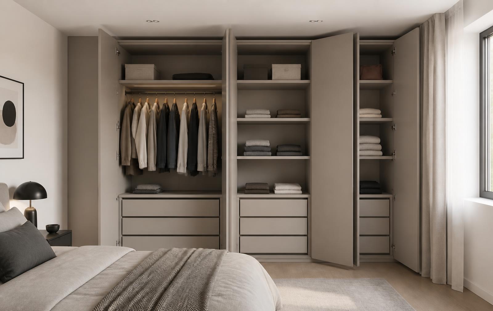 Kledingkast op maat met open deuren, hangruimte, legplanken en lades in een moderne slaapkamer — prijsvoorbeeld 2026