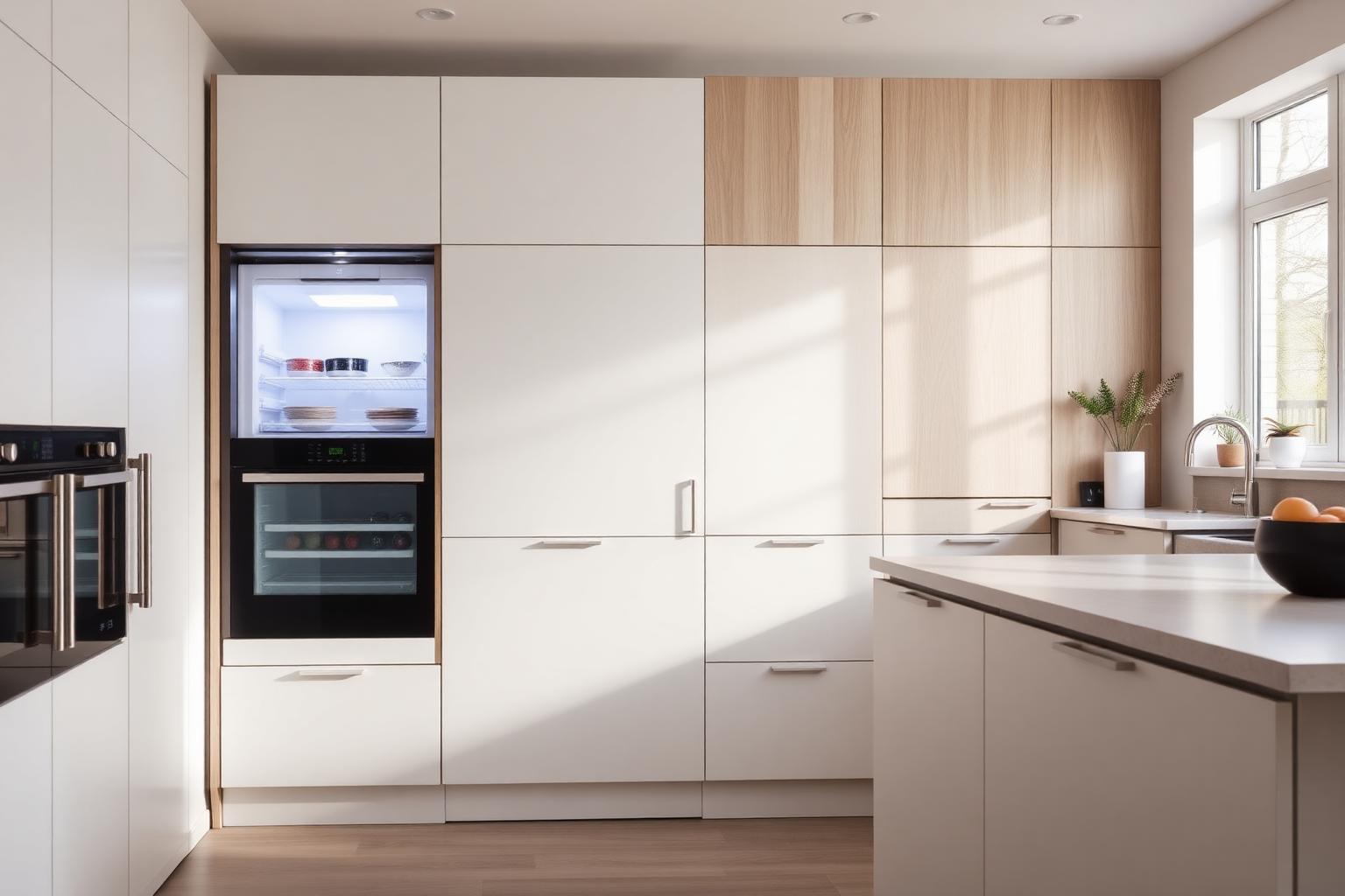 Koelkastkast op maat met ingebouwde koelkast in een moderne keuken met matte en eiken fronten