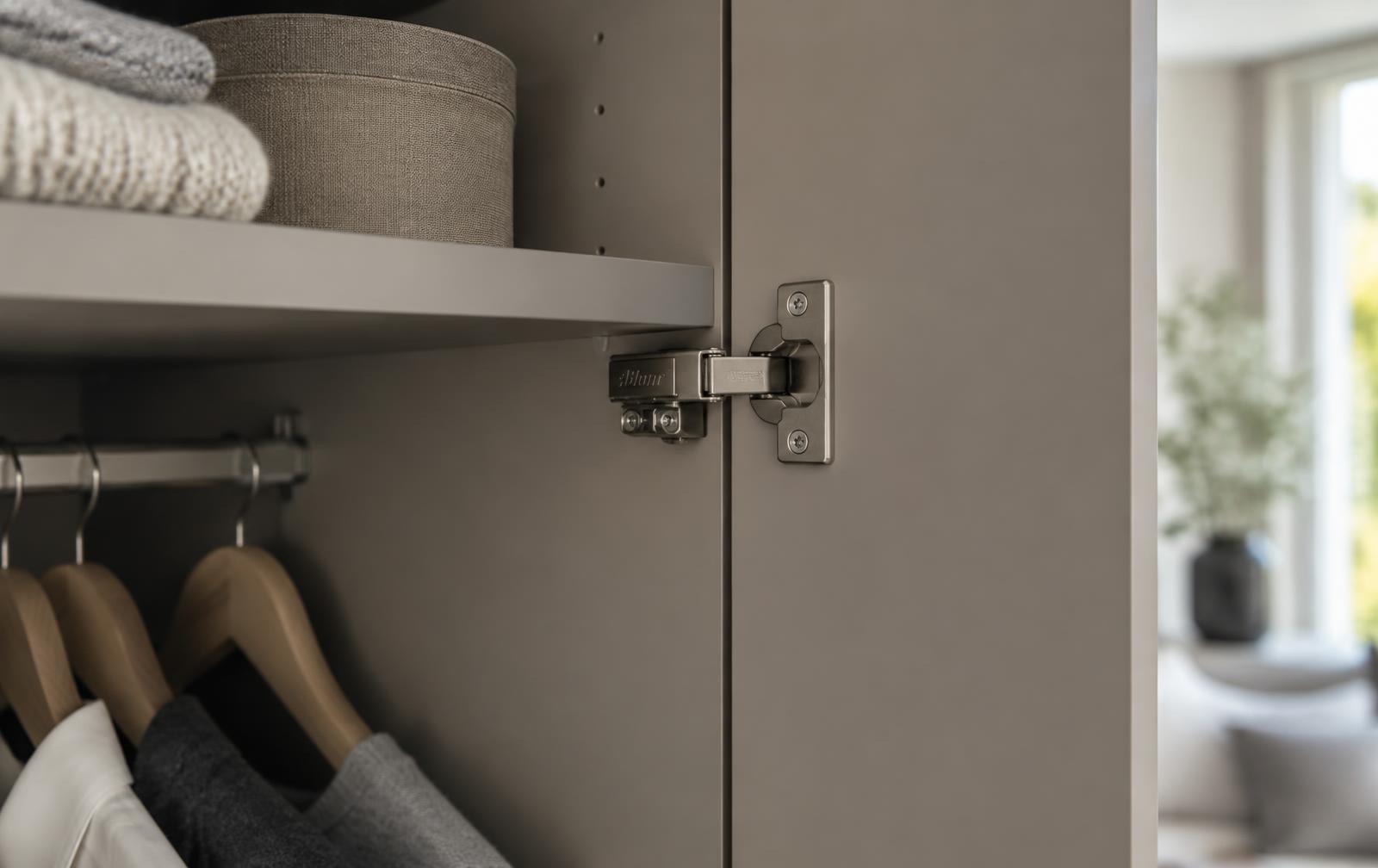 Detail van een kwalitatieve kast op maat met 18 mm dik paneel, naadloze kantenband en soft-close scharnier
