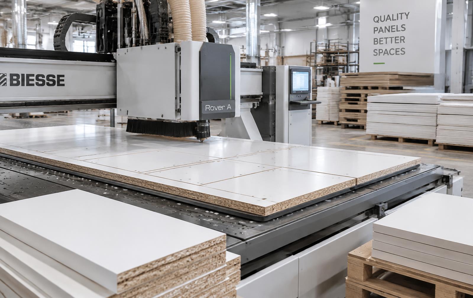 Productie van kwalitatieve maatwerk kasten: CNC-machine zaagt melamine kastpanelen op maat in de fabriek