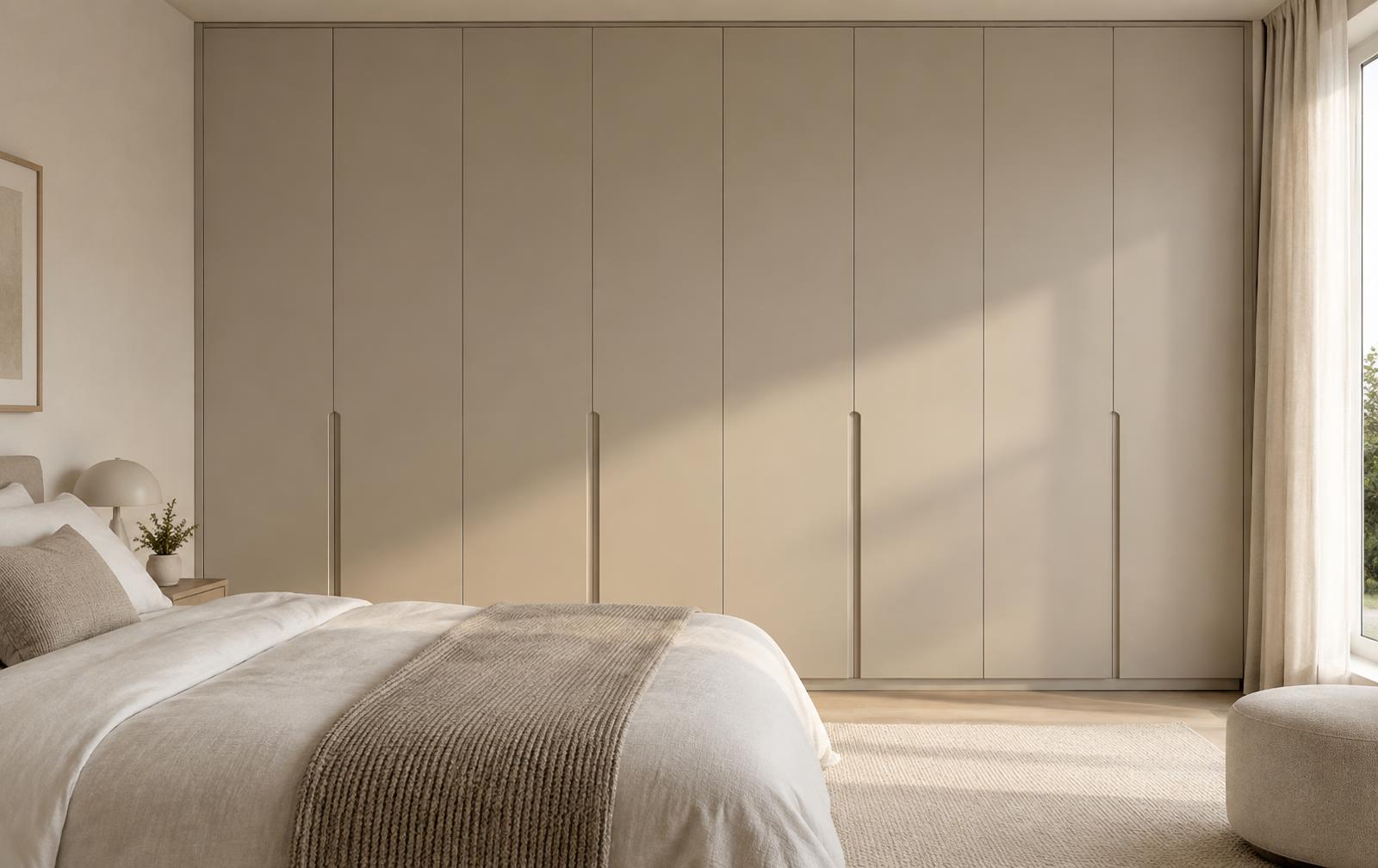 Kwalitatieve maatwerk kledingkast op maat van vloer tot plafond in een beige slaapkamer met strak uitgelijnde deuren