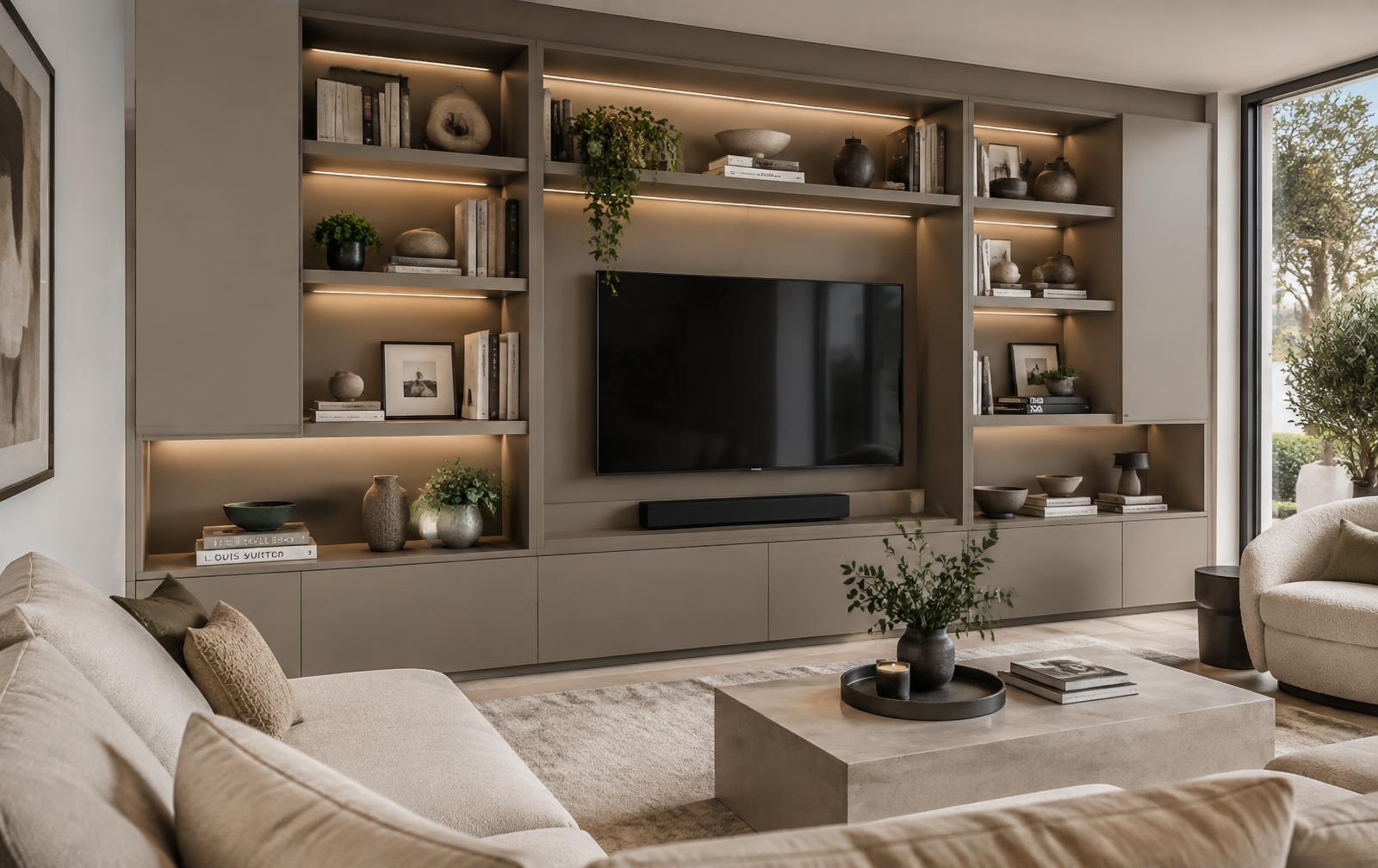 Kwalitatieve wandkast op maat met stevige legplanken, ledverlichting en krasbestendige melamine afwerking in een woonkamer