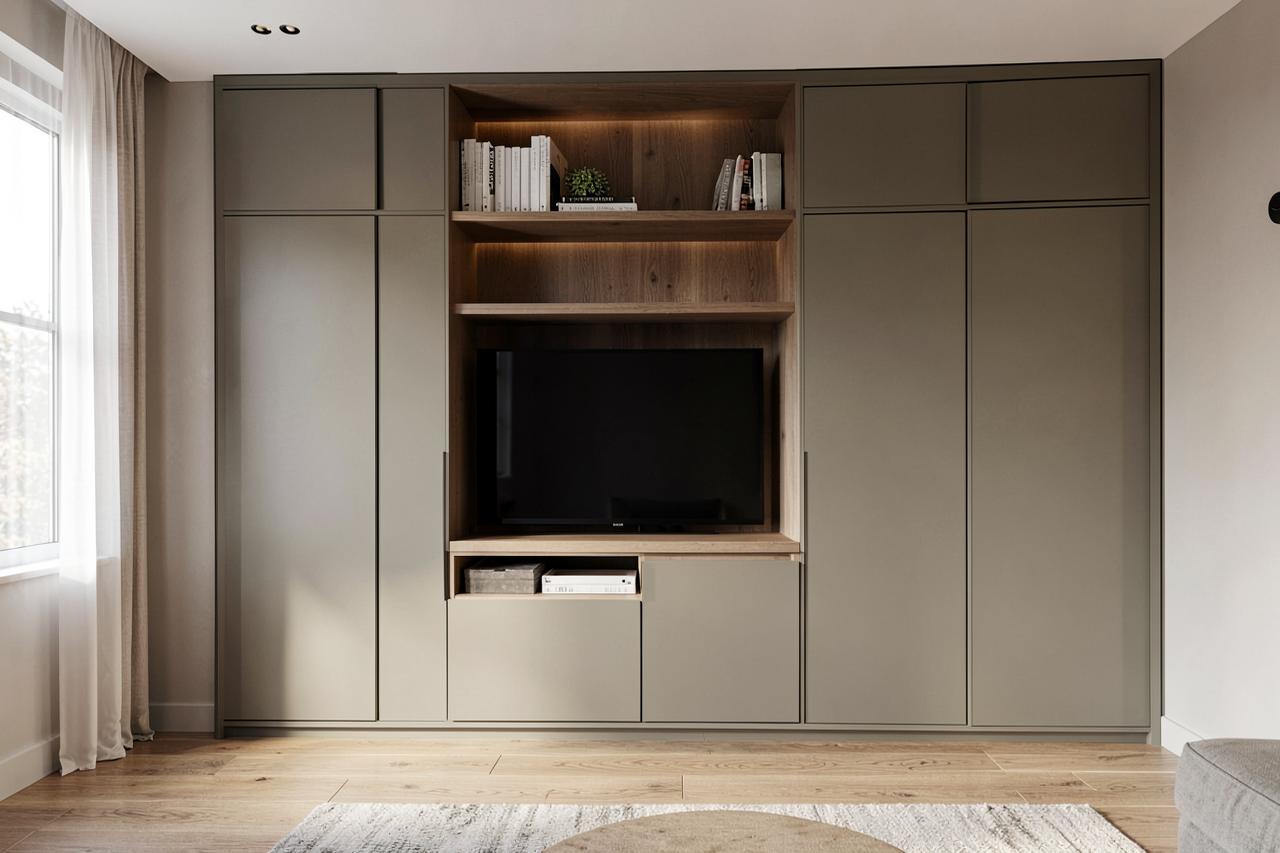 Maatkast in de woonkamer met tv-nis en open vakken op maat gemaakt