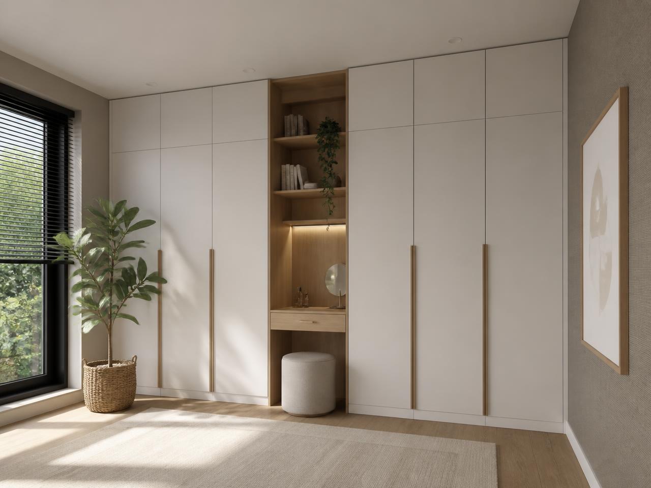 Moderne inbouwkast op maat met matte fronten en eiken accenten in een lichte slaapkamer