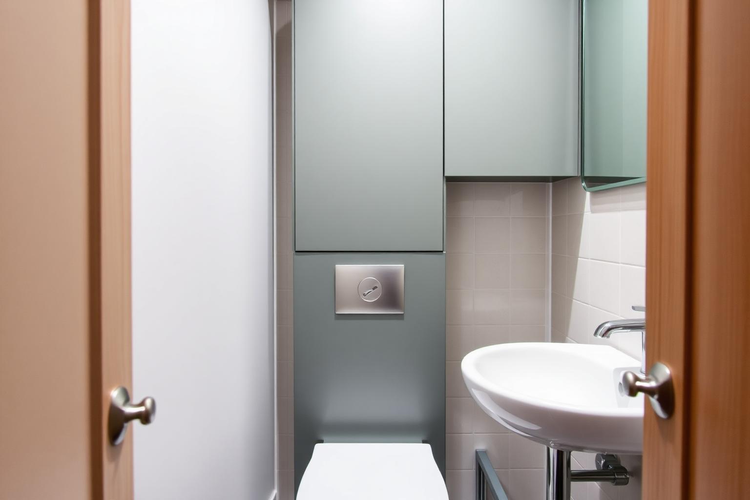 Smalle toiletkast op maat boven het toilet met matte fronten in een modern gasten-wc